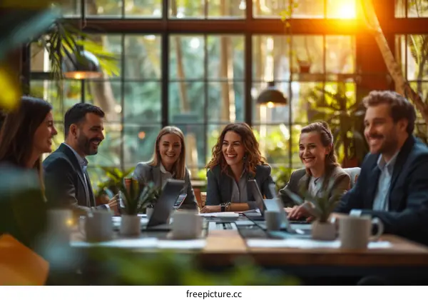 A group of business professionals having a meeting in a bright, modern office space