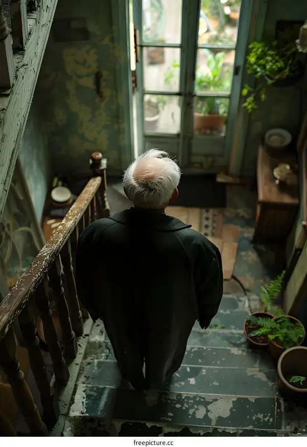 An old man walking up the stairs