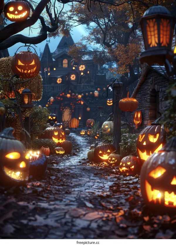 Halloween Pumpkin House with Lights and Spooky Atmosphere