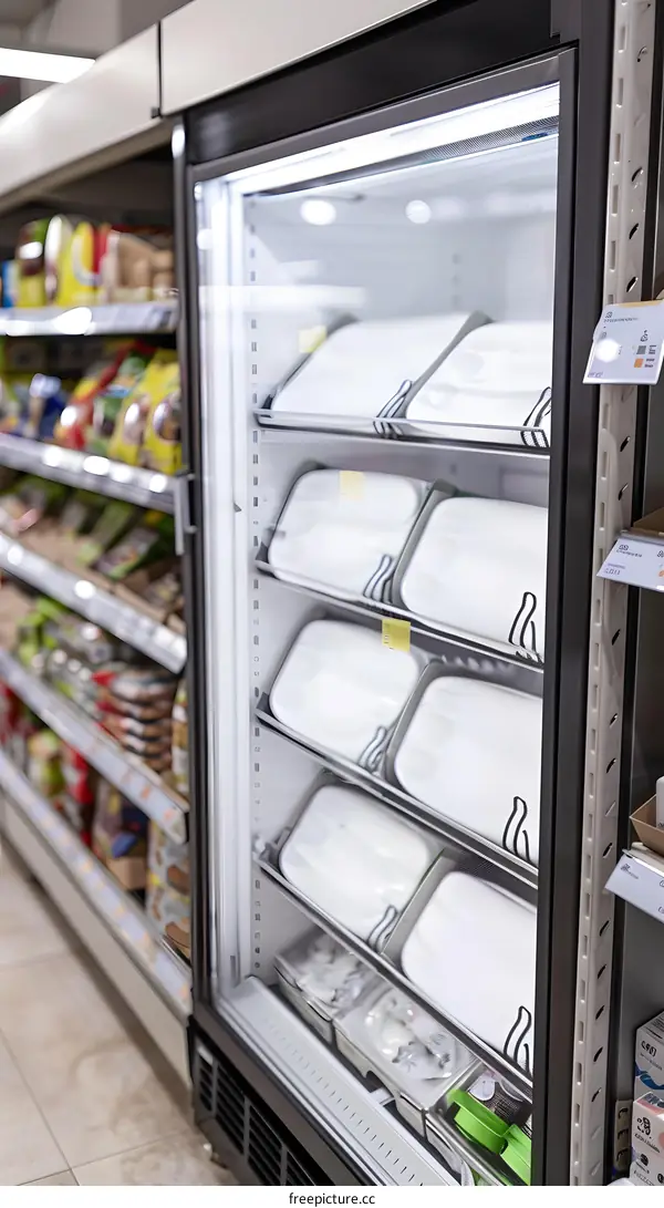 Empty Supermarket Refrigerator Shelves With White Trays