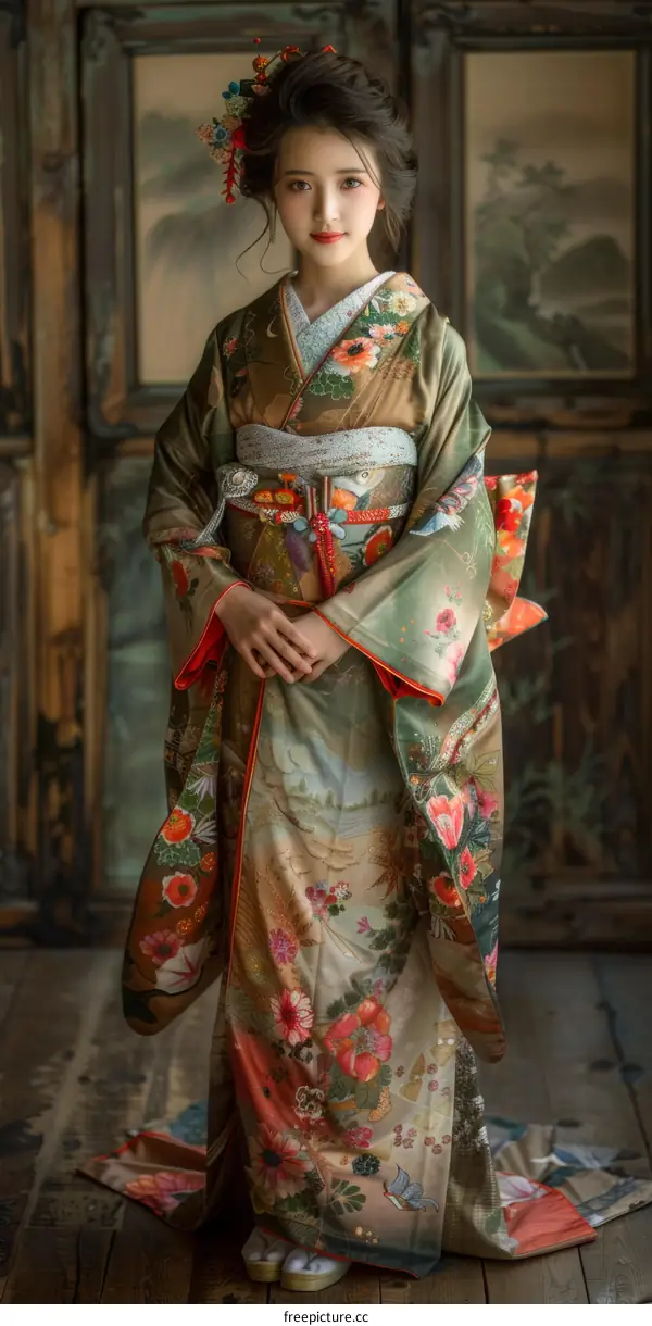Portrait of a young woman in a kimono