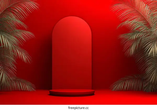 Red Podium Display with Tropical Plants