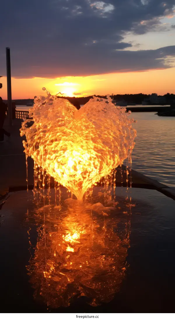 Amazing heart-shaped fountain at sunset
