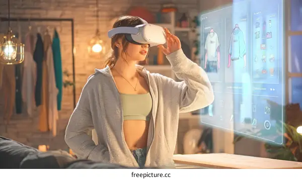 A Woman Wearing VR Headset Interacting with Holographic Interface