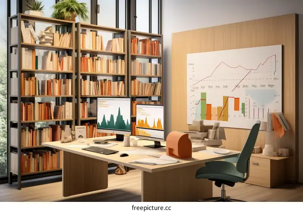 A home office with a large bookshelf, a desk, and a comfortable chair