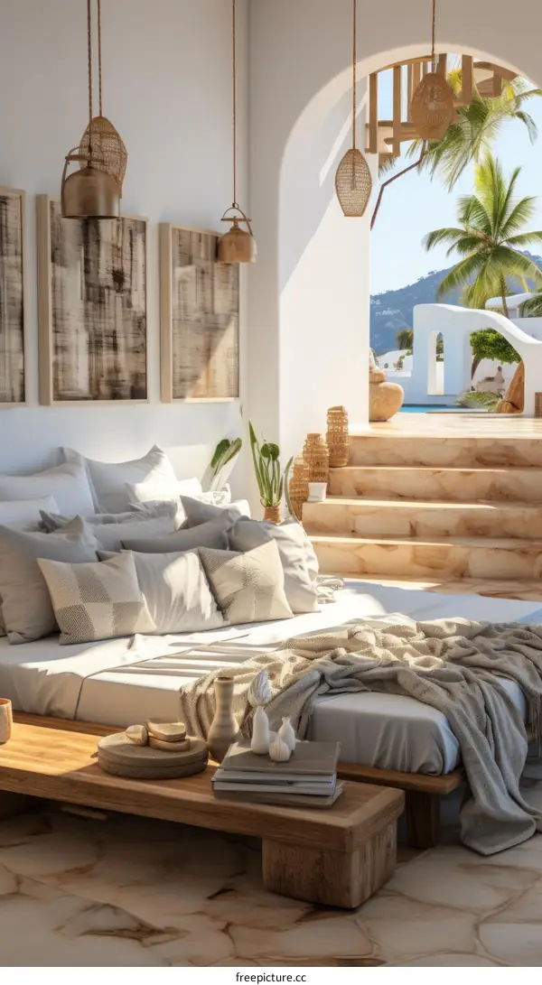Luxury Villa Bedroom with Pool and Palm Tree View