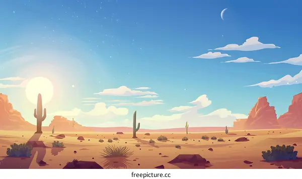 Desert Landscape With Sun And Clouds