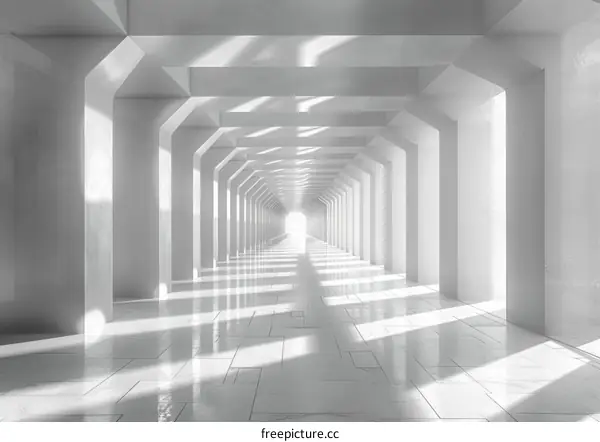 Futuristic hallway interior with bright light at the end