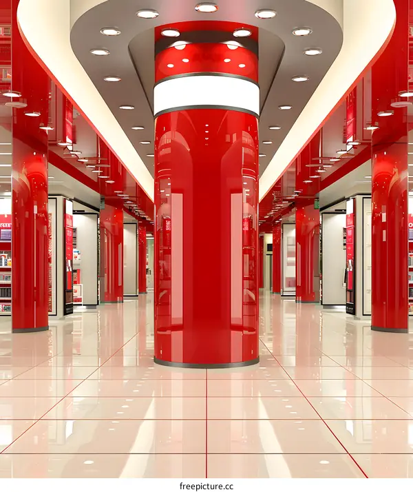 Red Interior Design with White Ceiling and Columns