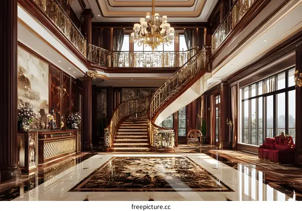 Luxury Interior Design with Golden Spiral Staircase