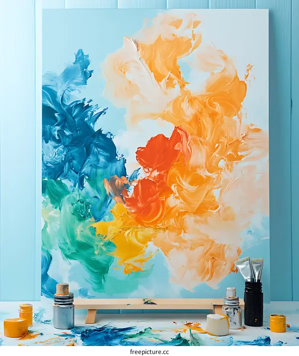 Abstract Painting with Colorful Strokes on Canvas