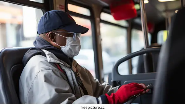 Black man wearing a cap, glasses, and a mask drives a bus