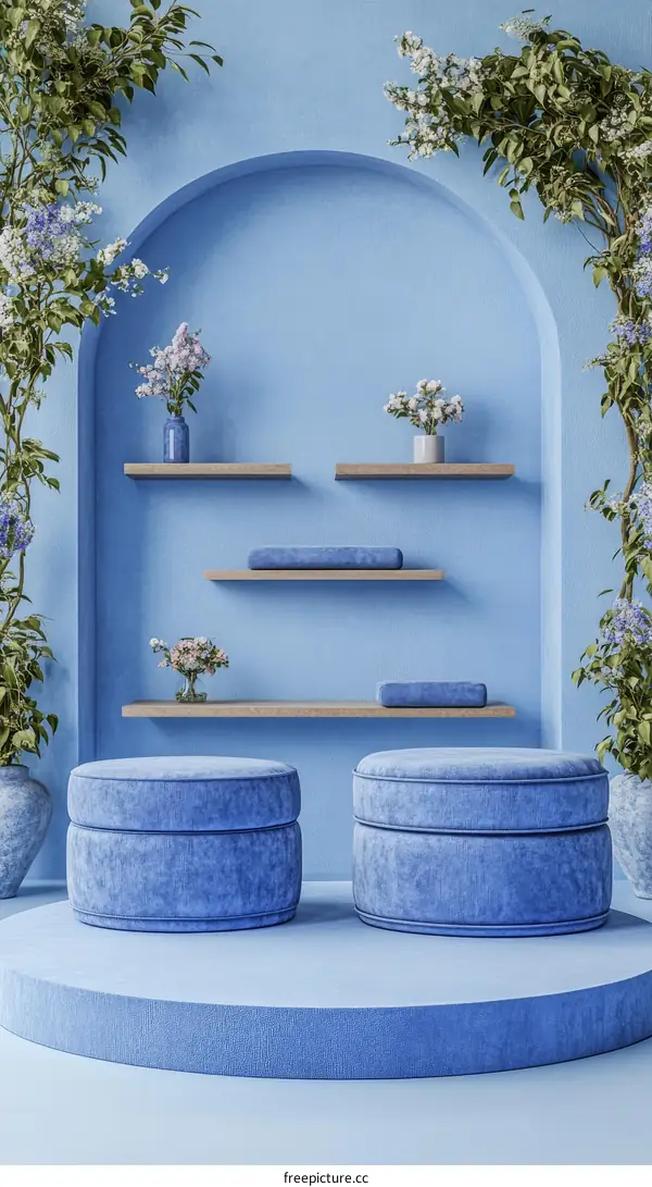 Stylish Blue Room Interior Design with Flowers