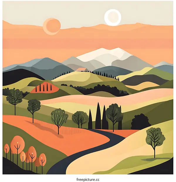 Abstract Landscape Illustration with Hills and a Winding Road