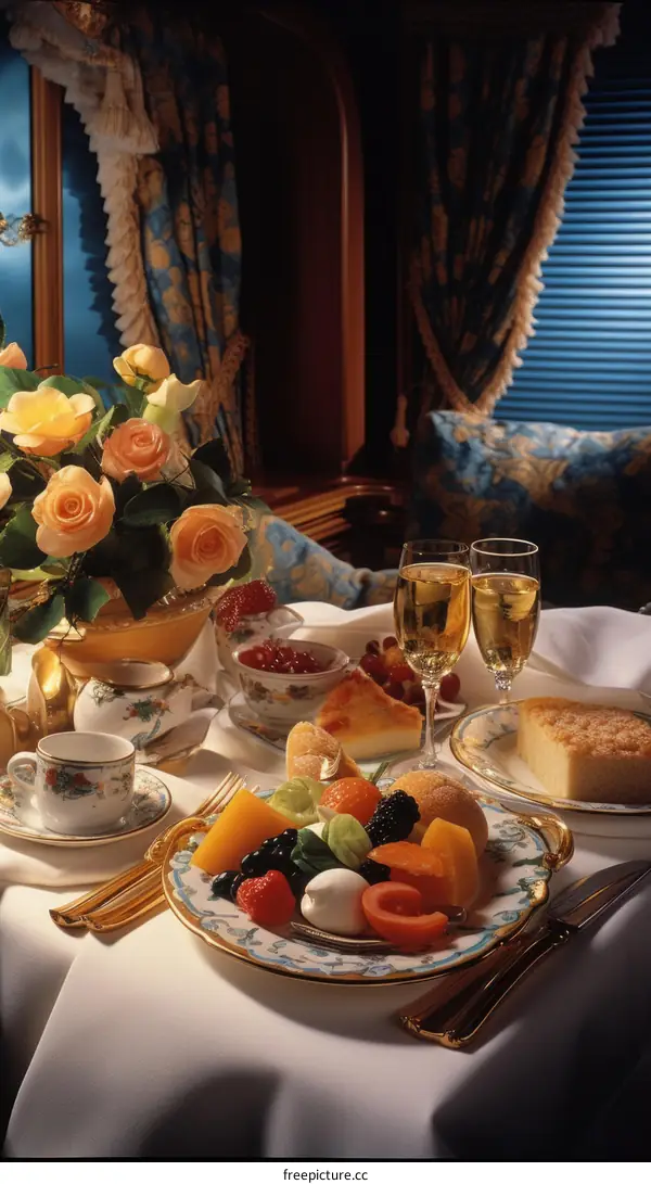Champagne and Flowers on Elegant Table Setting
