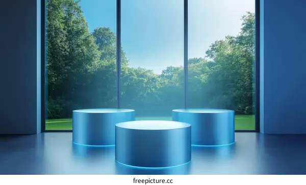 Modern Blue Product Display Stands with Nature View
