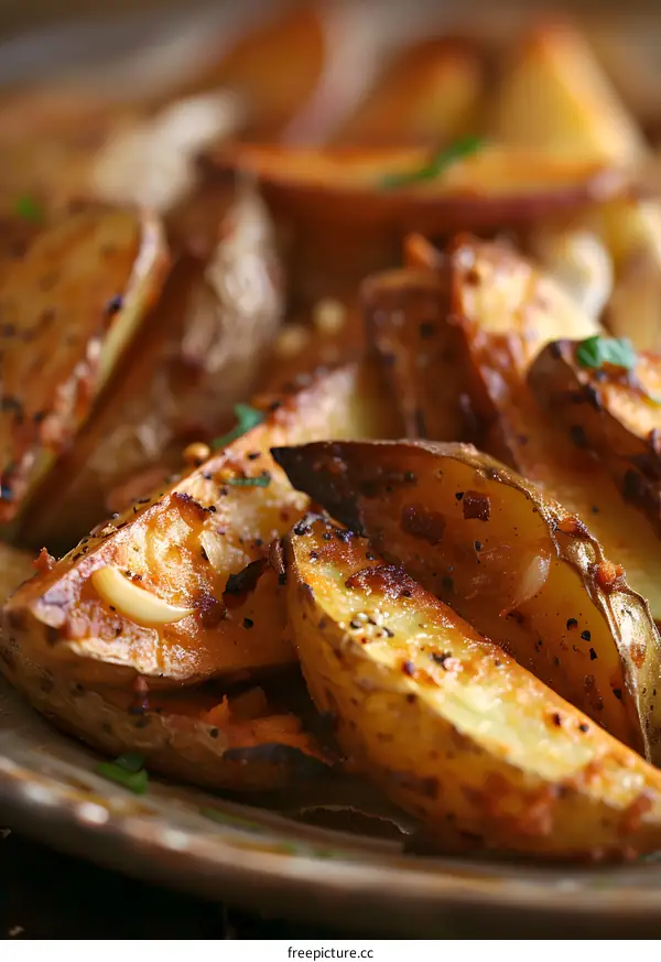 Close Up Shot Of Roasted Potato Wedges With Garlic And Herbs