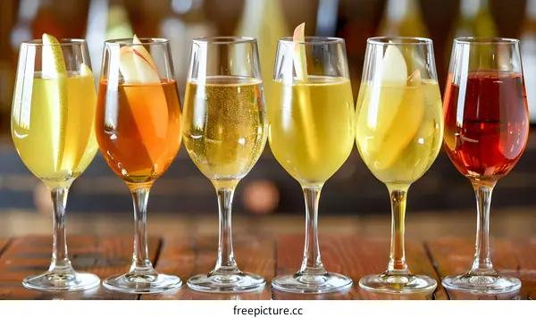 Row of Six Glasses with Various Colored Drinks and Fruit Garnishes