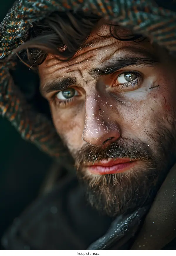 Close Up Portrait of a Man with a Beard and a Hooded Jacket