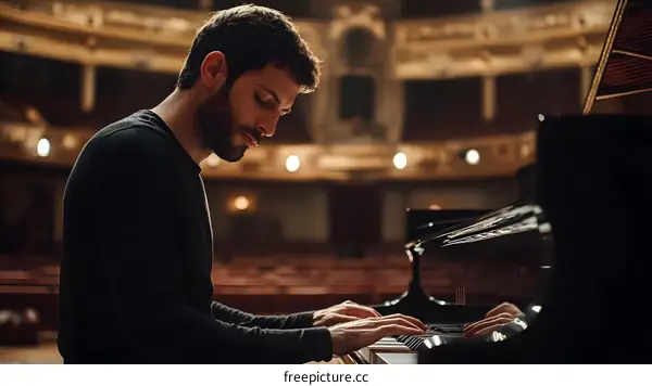 Man Playing Piano in Concert Hall