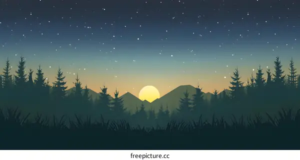 Silhouette of Forest and Mountains with Sunset and Stars