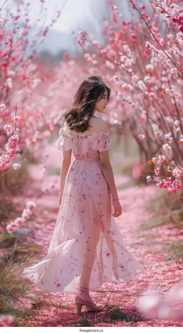 Asian woman in a pink dress walking through a pink flower garden