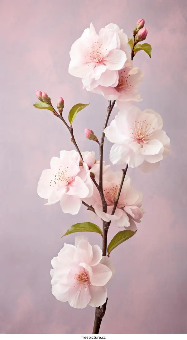 A branch of delicate pink cherry blossoms against a pale pink background