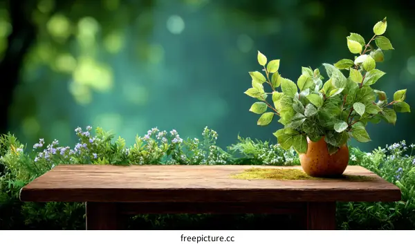 Wooden Tabletop Display with Green Plants and Blurred Background