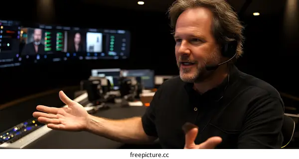 Man in a Black Shirt Talking with a Headset in a Studio