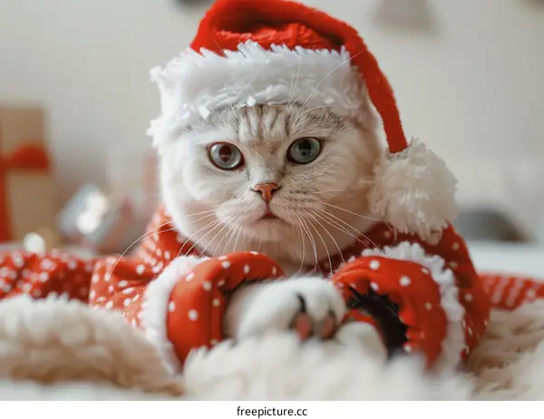 Cute Cat in Christmas Costume Snuggles on Bed