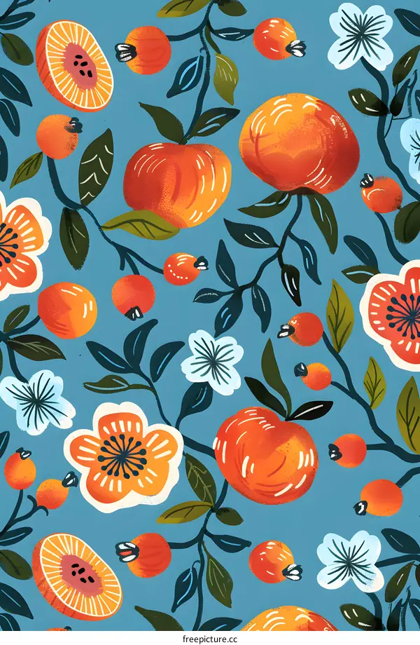 Seamless Pattern with Orange, Flowers and Leaves