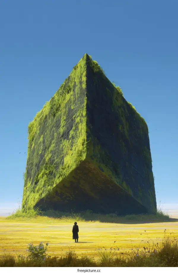 Solitary Figure Before a Verdant Cube Structure