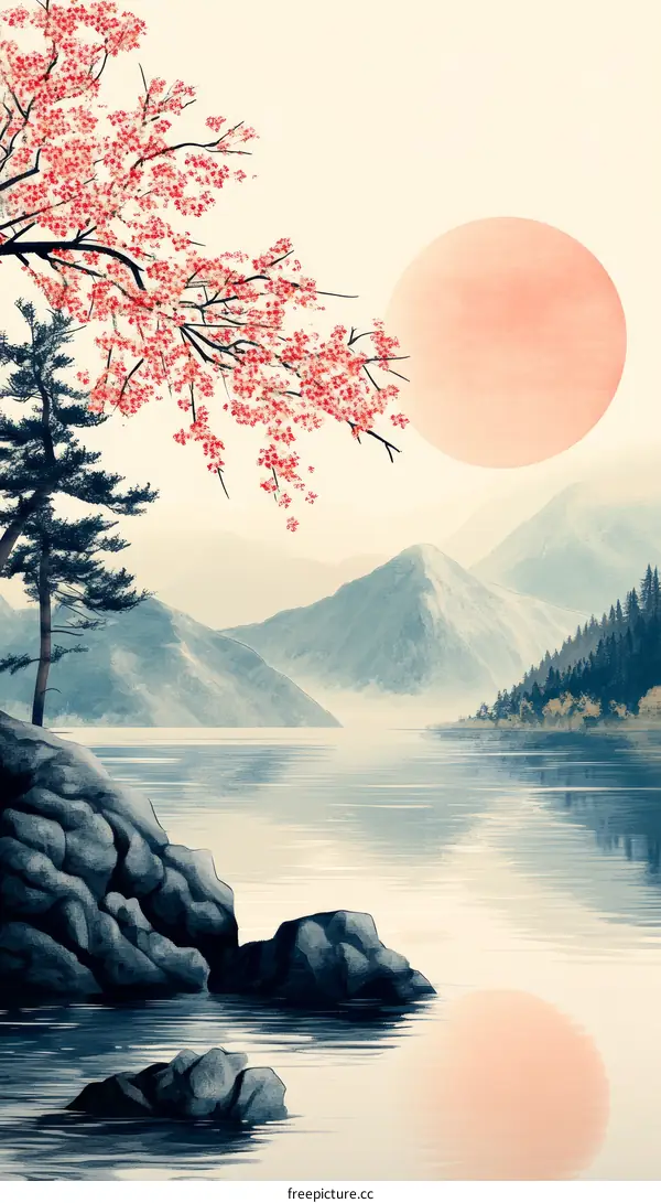 Peaceful Mountain Lake Sunrise with Cherry Blossoms