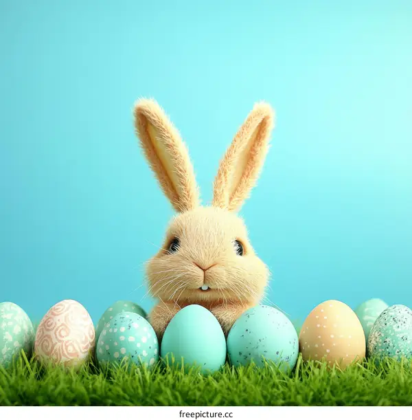 Easter Bunny with Colorful Eggs on Grass