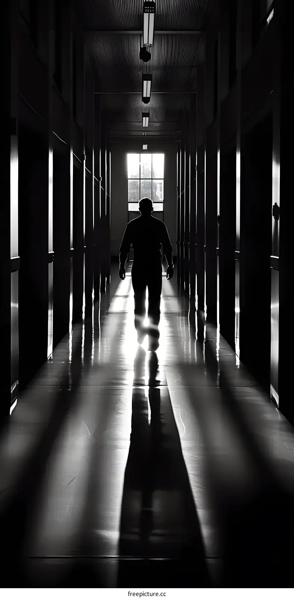 Silhouette of Man Walking in Dark Hallway