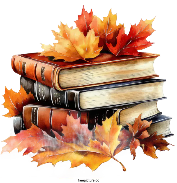 [Transparent Background PNG]Autumn Books and Leaves Illustration