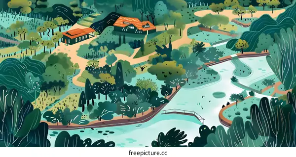 Green Landscape Illustration with Winding Path and Pond