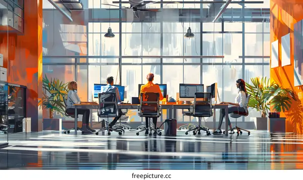 Modern Office Space With Four People Working At Desk With Computers