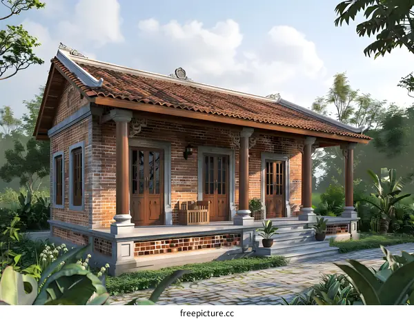 A traditional Vietnamese house with a red tiled roof and wooden pillars.