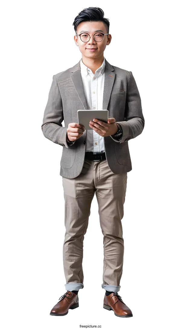 [Transparent Background PNG]Portrait of Asian young businessman holding tablet