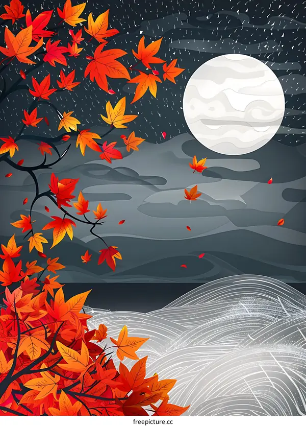 Autumn Leaves Falling Under Full Moon Night