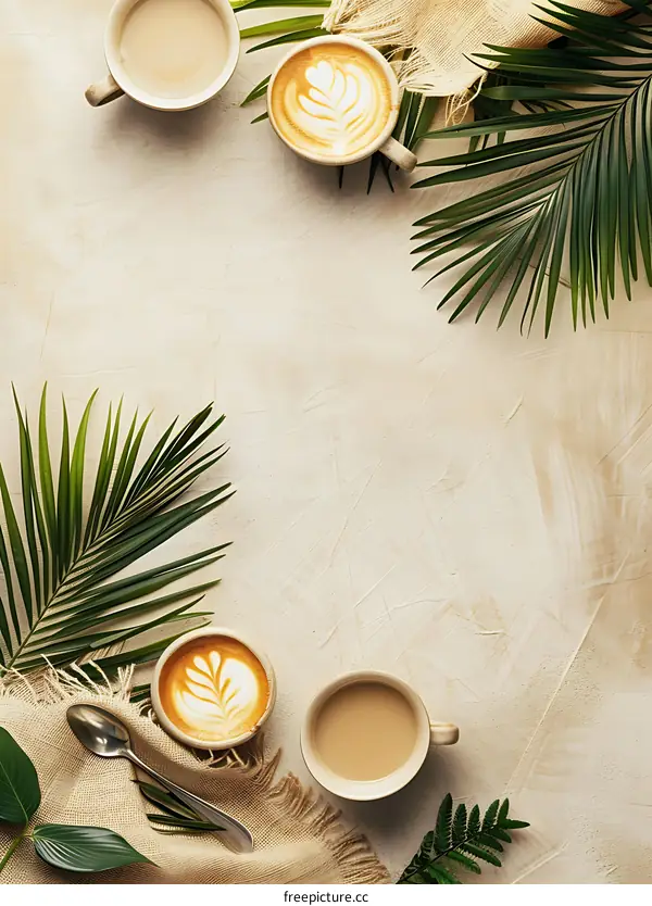 Coffee Latte with Tropical Leaves Background
