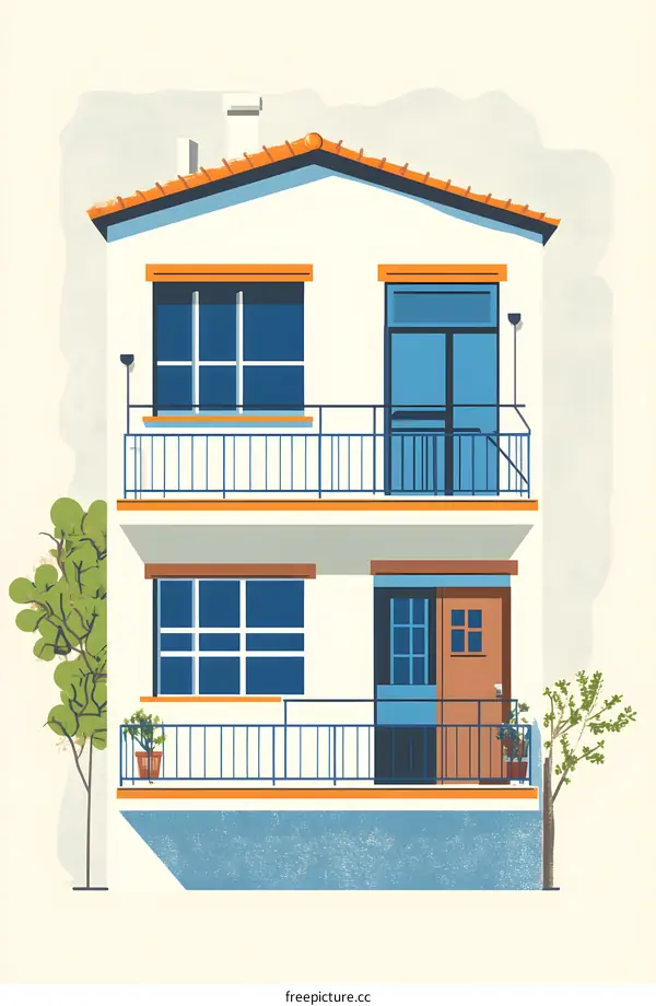 Modern House Exterior Illustration with Balcony and Windows