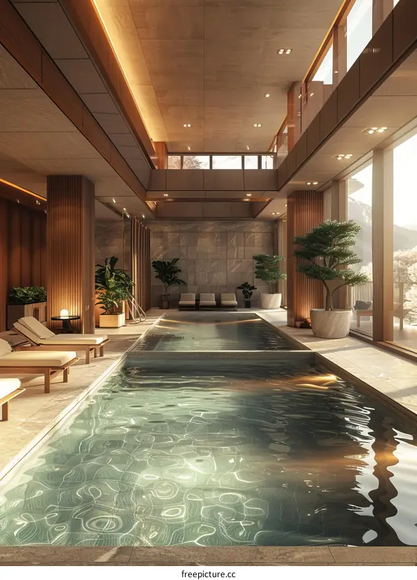 indoor swimming pool with large windows