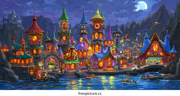 Fantasy Cityscape With Glowing Windows And Boats On The Water