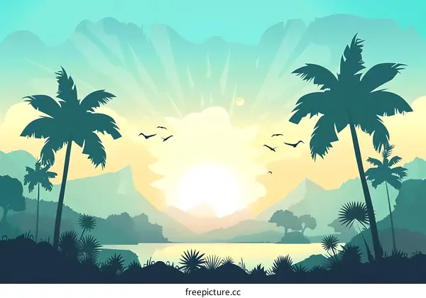 Palm Trees Silhouette Tropical Sunset Landscape Illustration