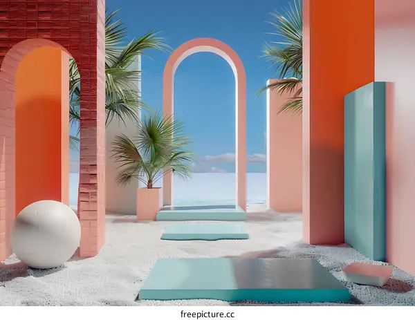 Minimalist Summer Beach Scene with Arches and Palm Trees