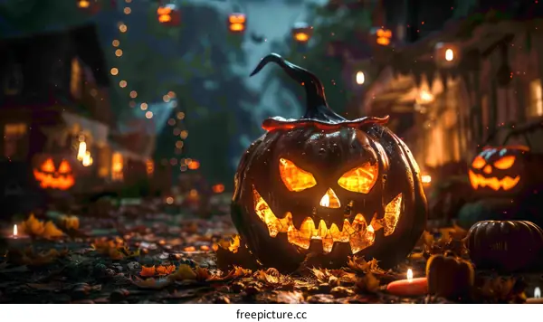 Spooky Halloween Pumpkin with Glowing Eyes in the Night