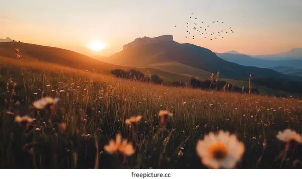Sunset over Grassy Field with Mountains in the Background