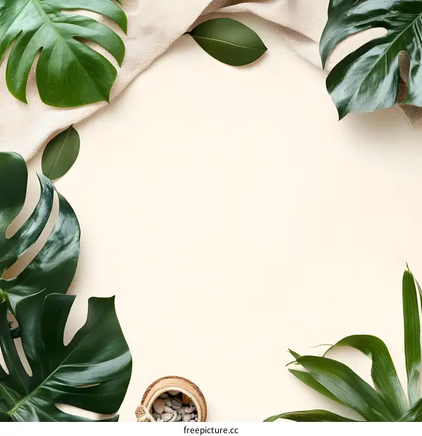 Green Leaves Frame on a Beige Background